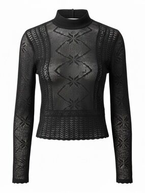 Zara Black Lace-Style Mock Neck Long Sleeve Top